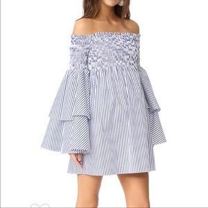 Caroline Constas Apollonia Off the Shoulder Blue Stripe Mini Dress SZ S EUC